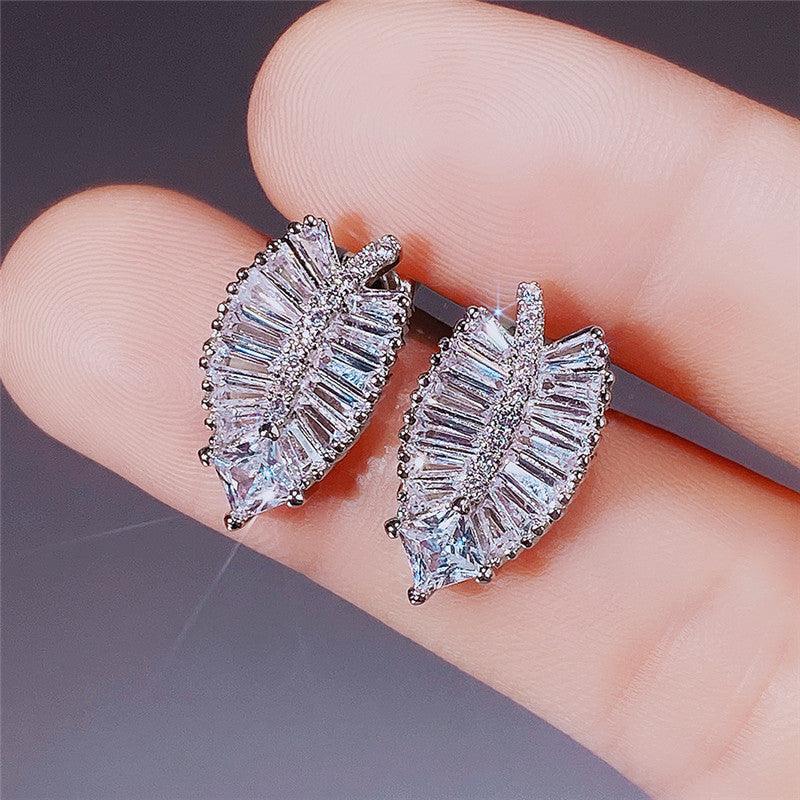 Delicate Leaf Shaped Brass And Zircon Stud Earrings For Women - SANDO 