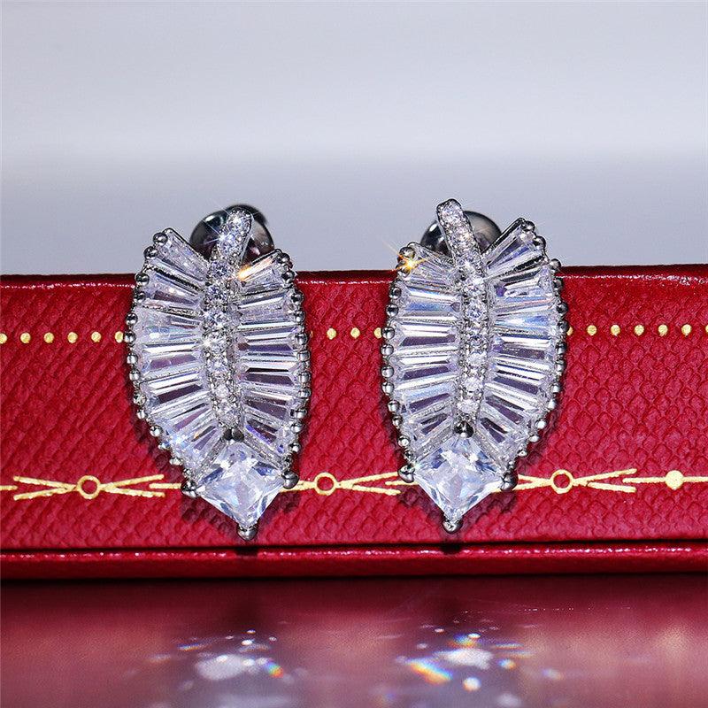 Delicate Leaf Shaped Brass And Zircon Stud Earrings For Women - SANDO 