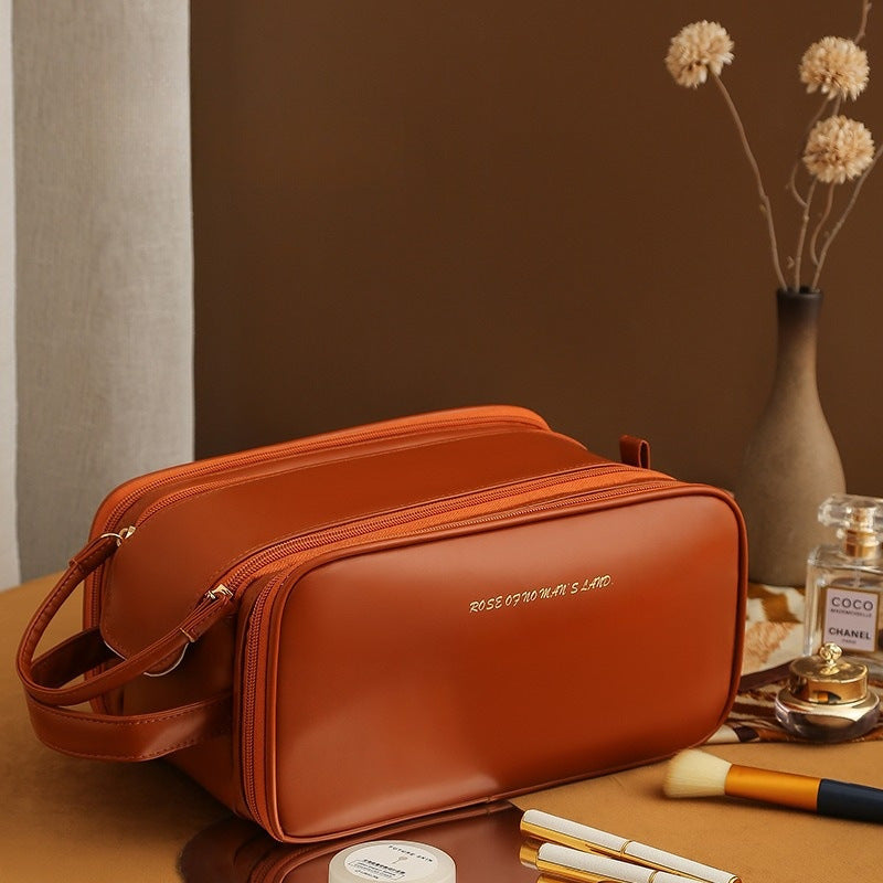 Three-layer Double Zipper U-shaped Design Cosmetic Bag Fashion High Capacity Make Up Bags Portable Pu Leather Storage Bag For Skin Care Products - SANDO 