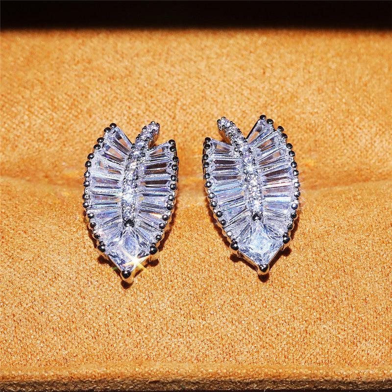 Delicate Leaf Shaped Brass And Zircon Stud Earrings For Women - SANDO 