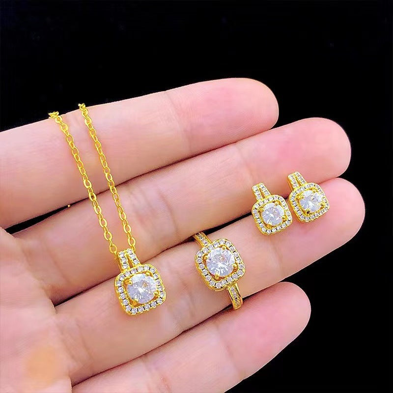 Fashion Jewelry Set Zircon Gem Pendant Chain Choker Necklace For Women Gold Color Stud Earring Statement Wedding Ring - SANDO 