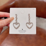 Sterling Silver Needle Sparkling Full Rhinestone Love Heart Earrings Female Ins - SANDO 