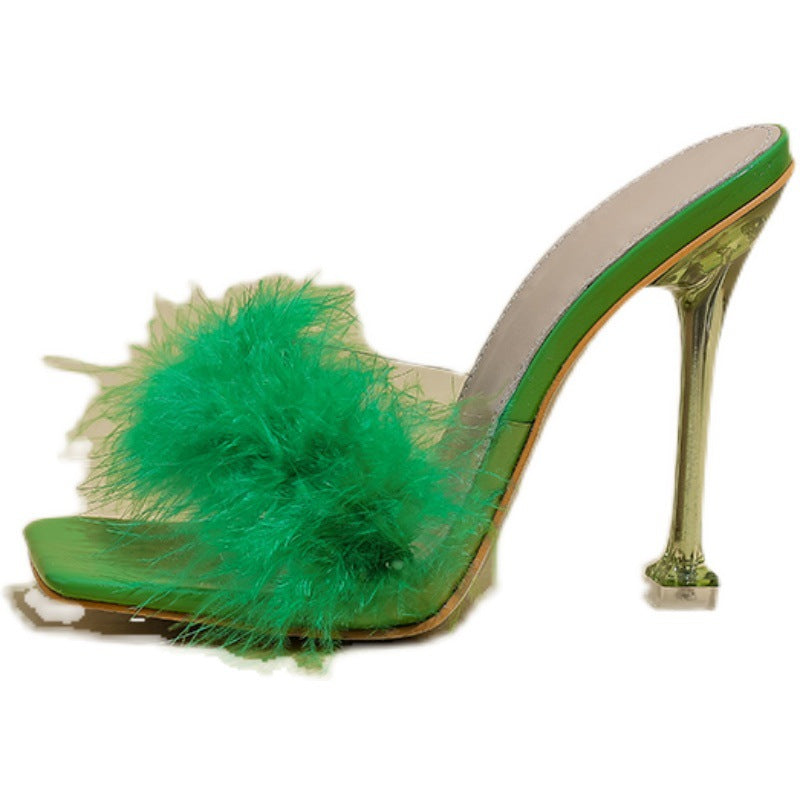 Women's Fashion Shoes Furry Transparent Broadband Crystal Heel Stiletto Heel Sandals - SANDO 