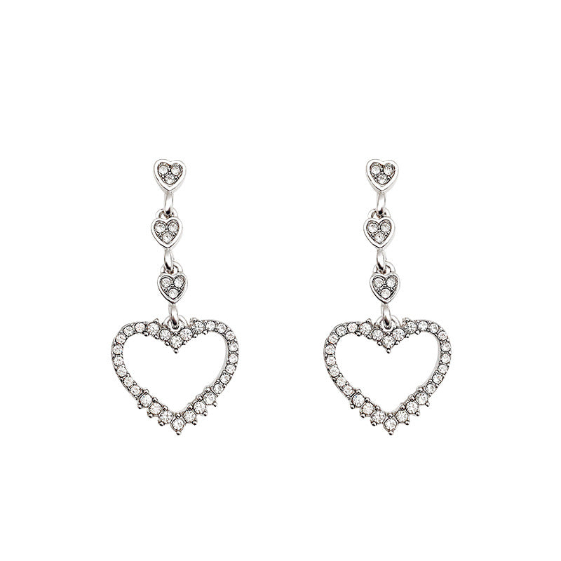 Sterling Silver Needle Sparkling Full Rhinestone Love Heart Earrings Female Ins - SANDO 