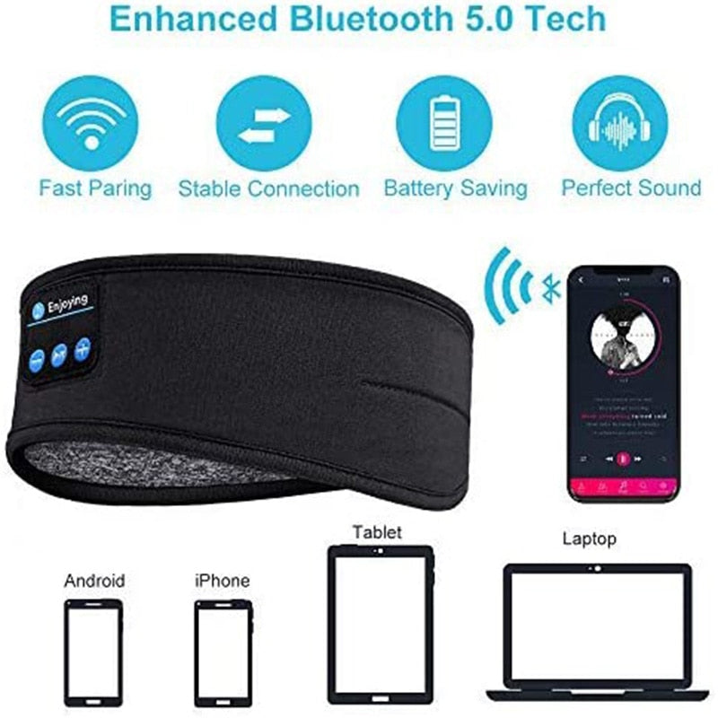 Wireless Bluetooth Sleeping Headphones Headband Thin Soft Elastic Comfortable Music Ear Phones Eye Mask For Side Sleeper Sports - SANDO 