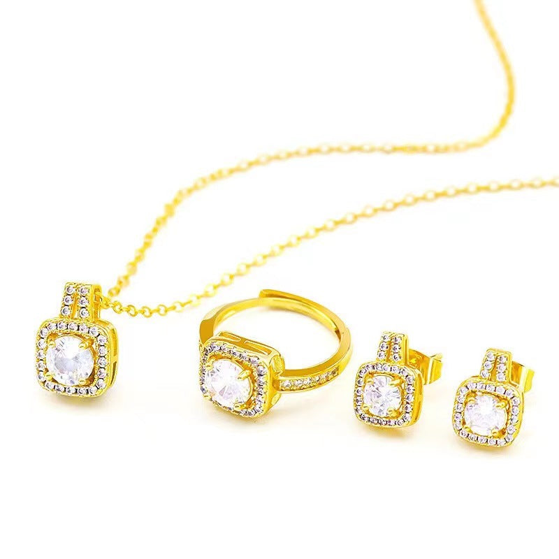 Fashion Jewelry Set Zircon Gem Pendant Chain Choker Necklace For Women Gold Color Stud Earring Statement Wedding Ring - SANDO 