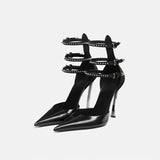 Pointed Patent Leather Hollow Belt Buckle Wrapped Toe Single Shoes - SANDO 