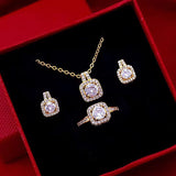 Fashion Jewelry Set Zircon Gem Pendant Chain Choker Necklace For Women Gold Color Stud Earring Statement Wedding Ring - SANDO 