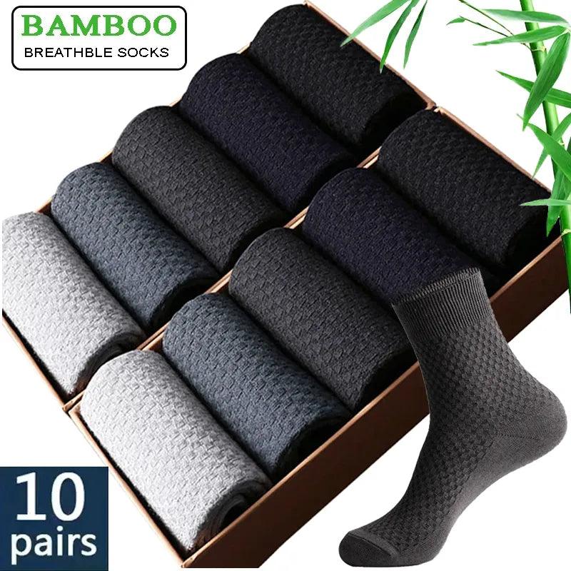 10 Pairs/Lot Men's Bamboo Fiber Socks 2023 New Compression Autumn Long Black Business Casual Man Dress Sock Gift Plus Size 42-45 - SANDO 