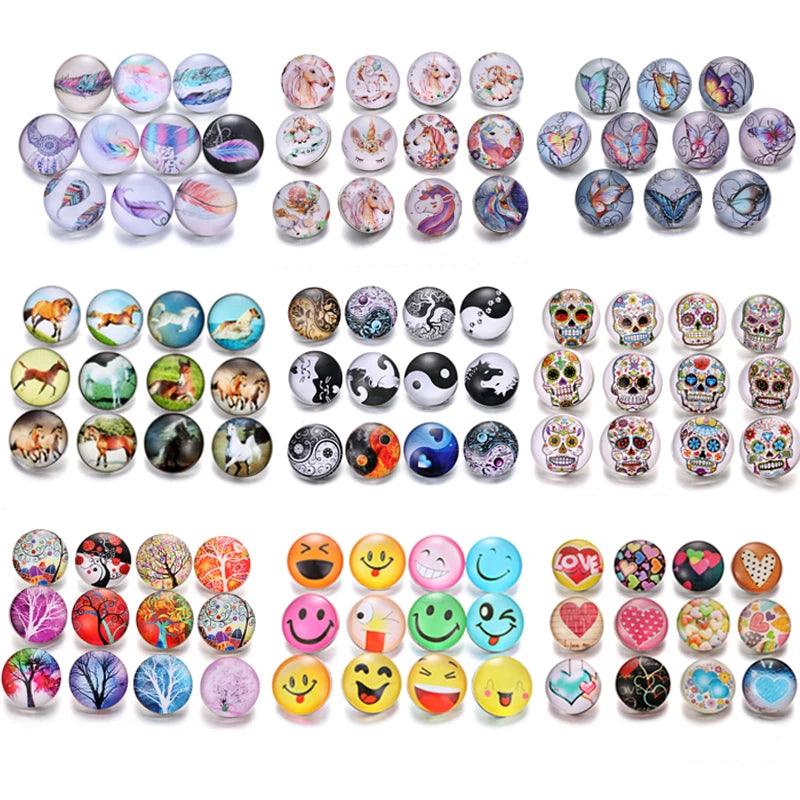 10pcs/lot Mixed Snap Jewelry Buttons Lots Horse Skull Tree Flower 18mm Snap Buttons Glass Cabochon Charms Fit DIY Snap Bracelet - SANDO 