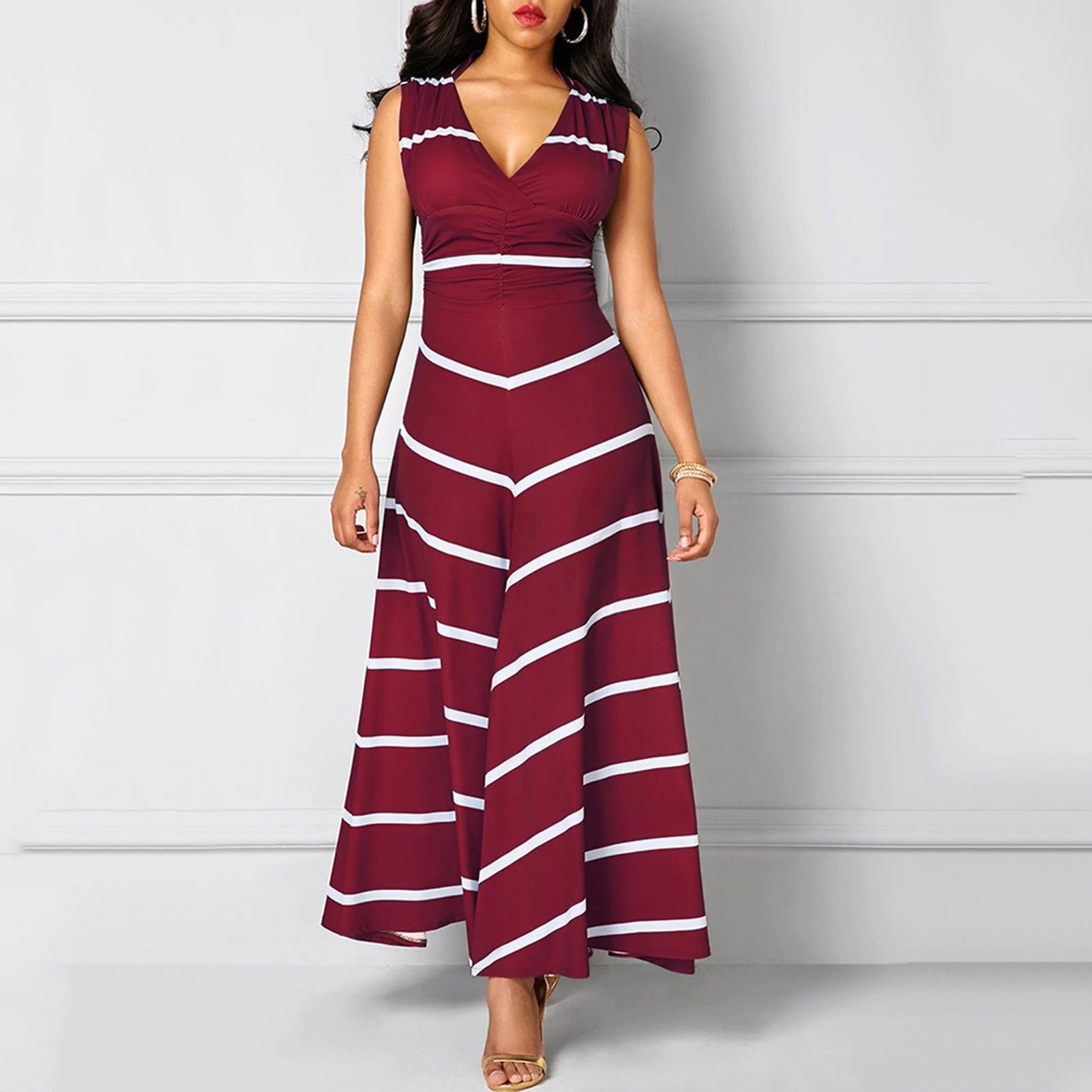 robe de soirée Women's V-neck Sleeveless High-waist Striped Long Swing Dress Dress платье женское вечернее abendkleider 2019 - SANDO 