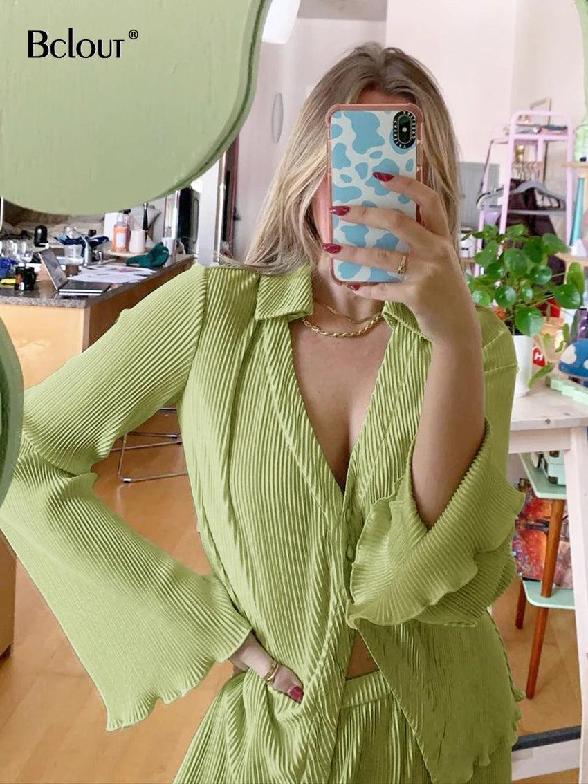 Bclout Autumn Green Pants Suits Women Fashion Flare Sleeve Loose Shirts Casual Pleated Pants Set Two Pieces Womens Outfits 2022 - SANDO 