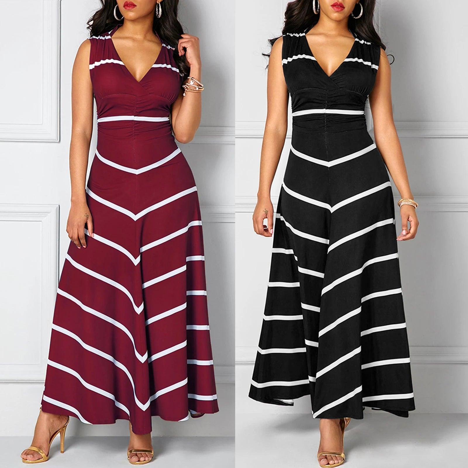 robe de soirée Women's V-neck Sleeveless High-waist Striped Long Swing Dress Dress платье женское вечернее abendkleider 2019 - SANDO 