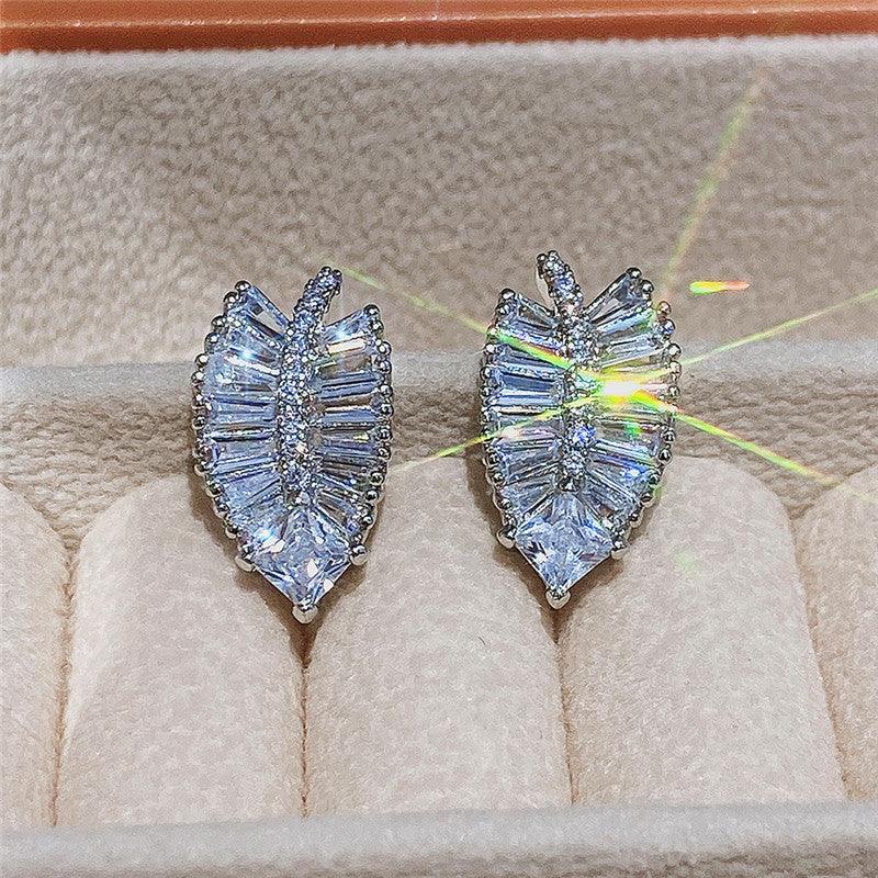 Delicate Leaf Shaped Brass And Zircon Stud Earrings For Women - SANDO 