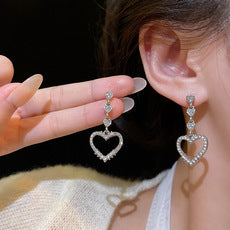 Sterling Silver Needle Sparkling Full Rhinestone Love Heart Earrings Female Ins - SANDO 