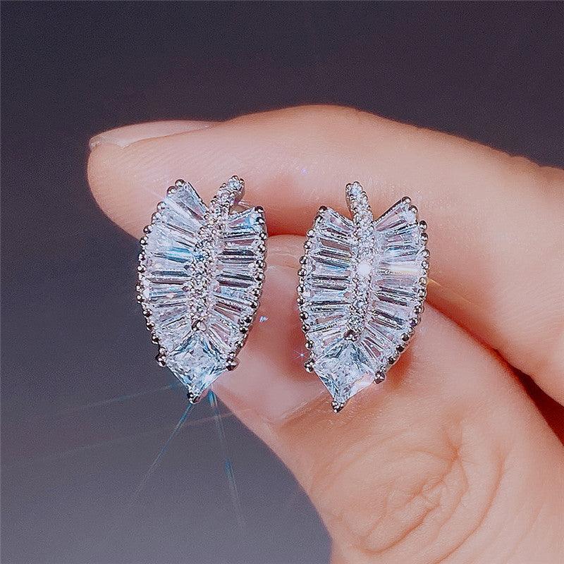 Delicate Leaf Shaped Brass And Zircon Stud Earrings For Women - SANDO 